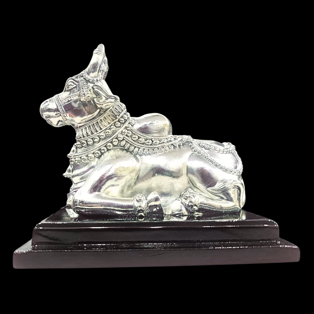 999 Pure Silver Nandi Bull Medium Statue | Intricately Engraved Hindu Nandi Idol