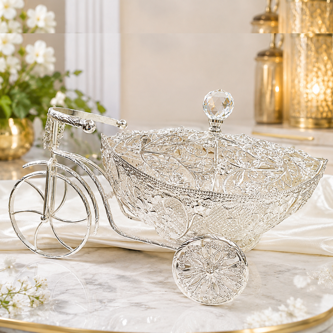 Luxury Silver Plated Tricycle Dry Fruit Bowl | Ornate Filigree Serving Basket