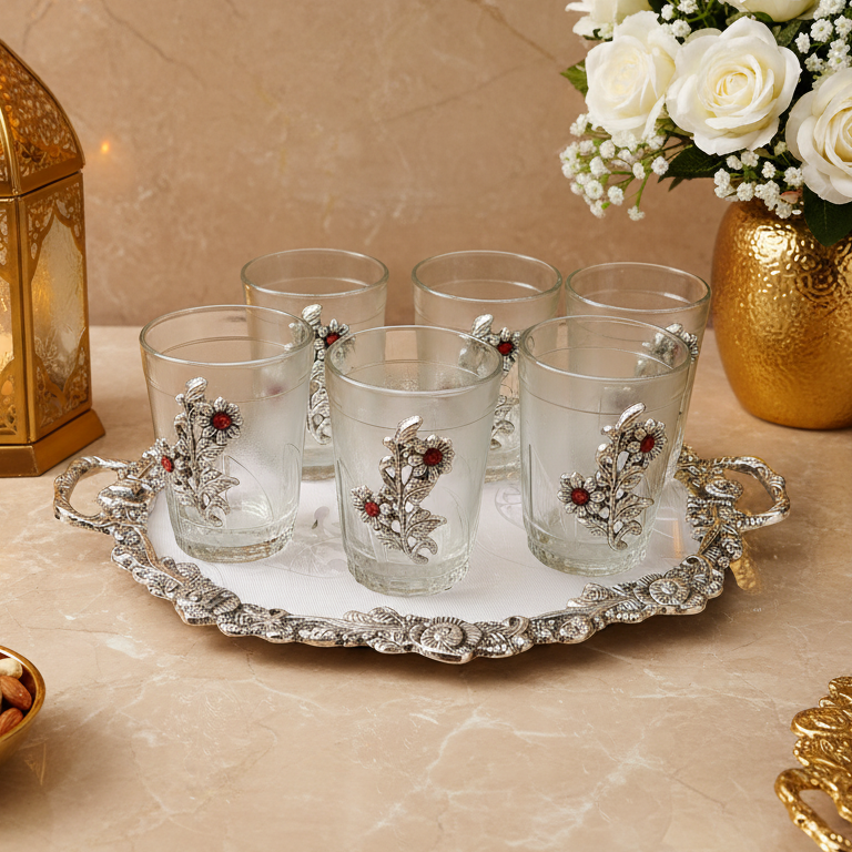 Silver Plated Glass Tea Cup Set with Decorative Serving Tray | 6 Designer Cups | Wedding Gift | Coffee Mug Set