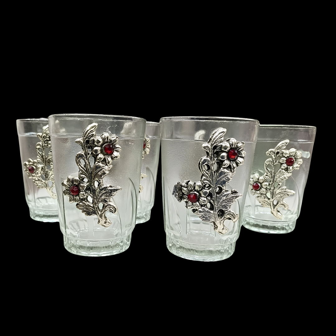 Silver Plated Glass Tea Cup Set with Decorative Serving Tray | 6 Designer Cups | Wedding Gift | Coffee Mug Set