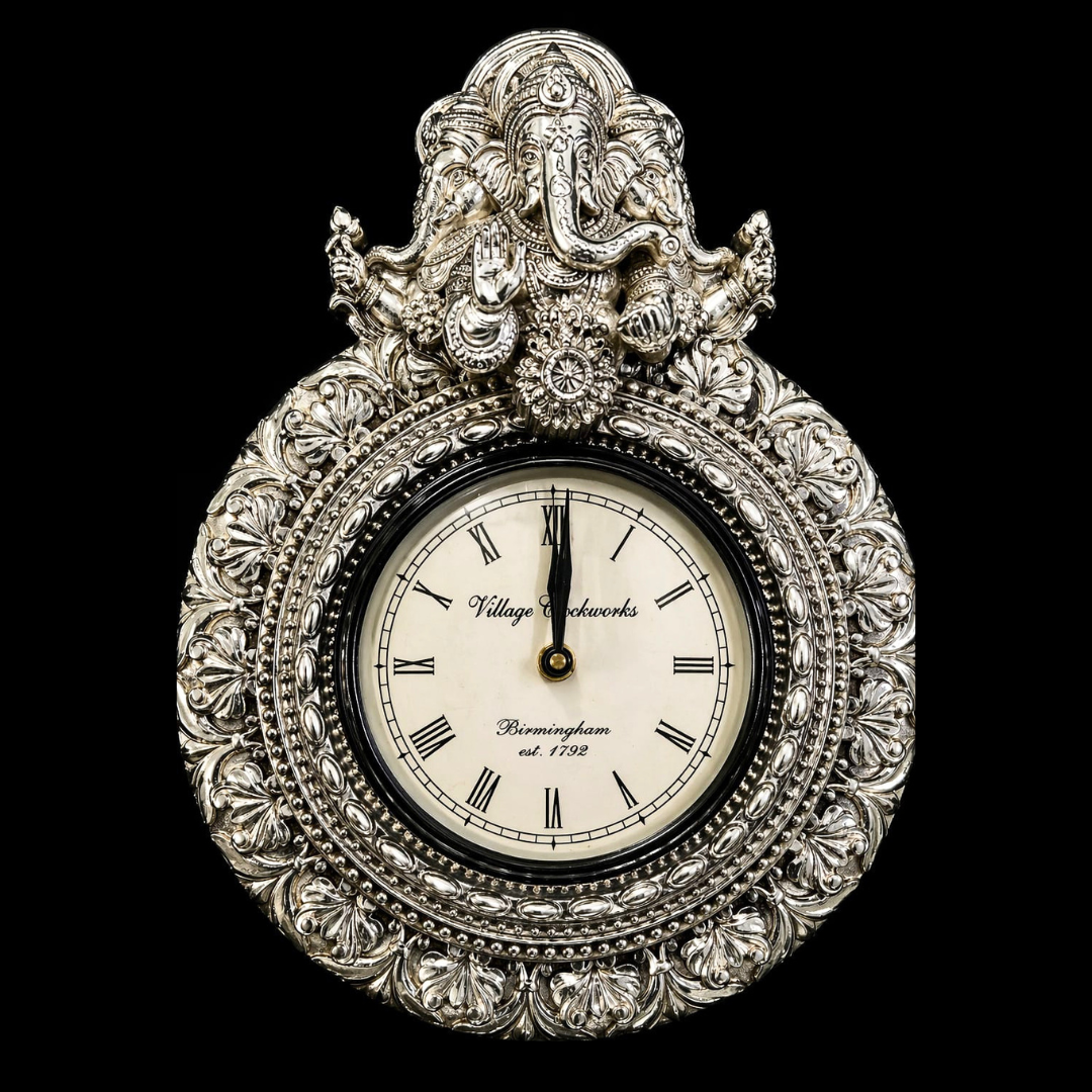 999 Silver Plated Lord Ganesha Decorative Wall Clock | Premium Antique Silver Finish