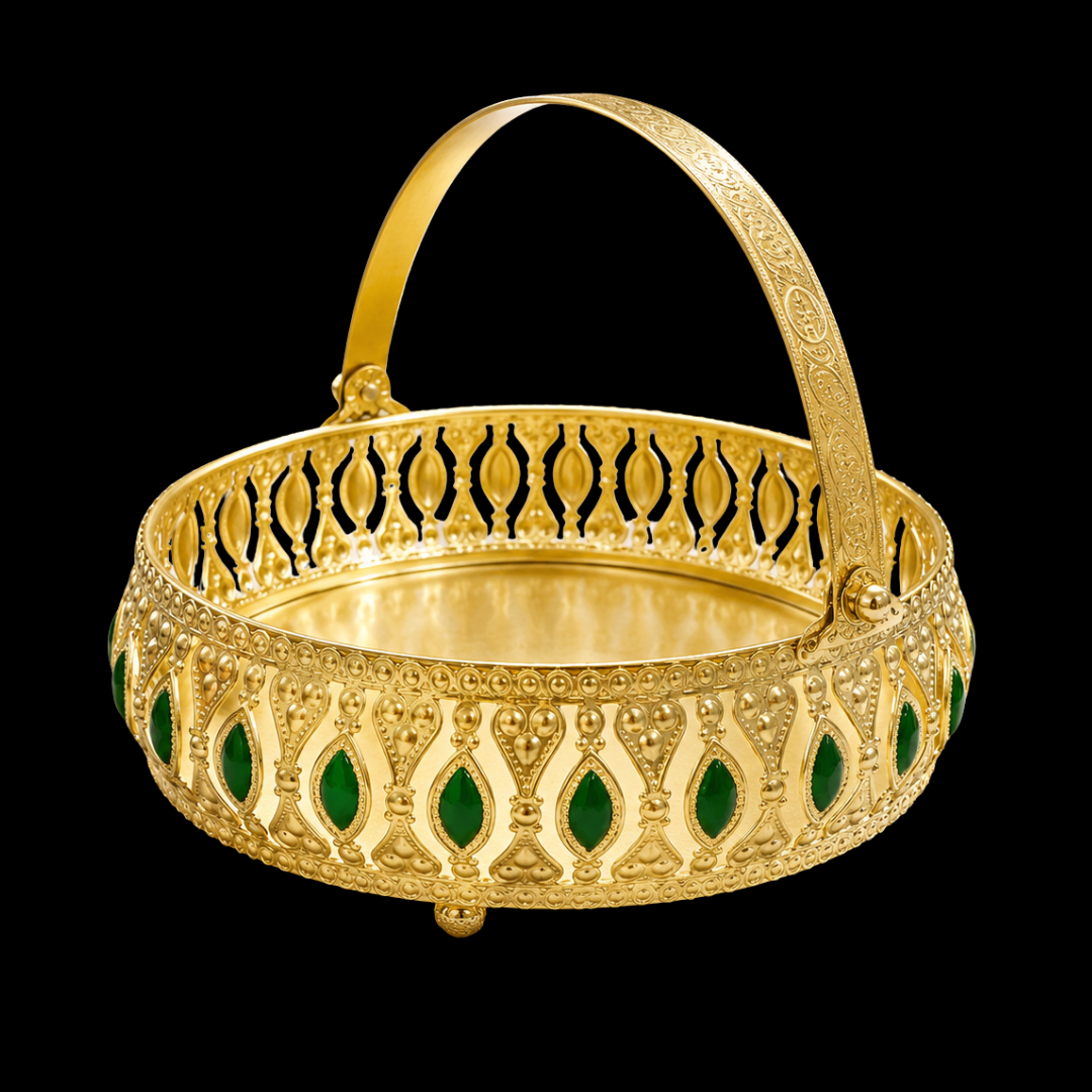 Meena Work Golden Decorative Basket with Elegant Handle & MDF Gift Box | Traditional Serving & Gift Basket | Decorative Home Décor