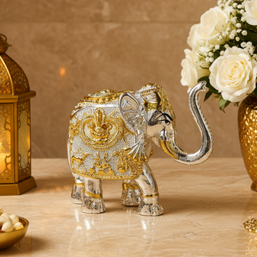 Premium Silver & Gold Decorative Elephant Figurine | Handcrafted Luxury Home Decor | 9 × 4 × 8 cm