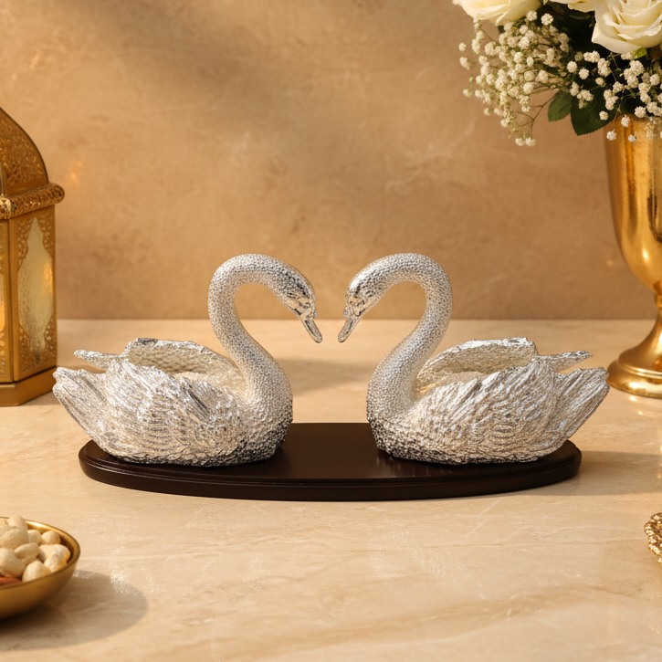 Non-Oxidized 999 Fine Silver Plated Swan Pair Figurines | Decorative Swan Couple | Luxury Home Decor & Gift