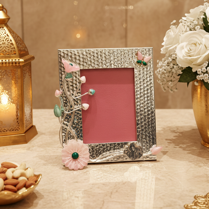 Luxury Silver Plated Pink Stone Floral Photo Frame  | Elegant Home Décor & Premium Gift Item
