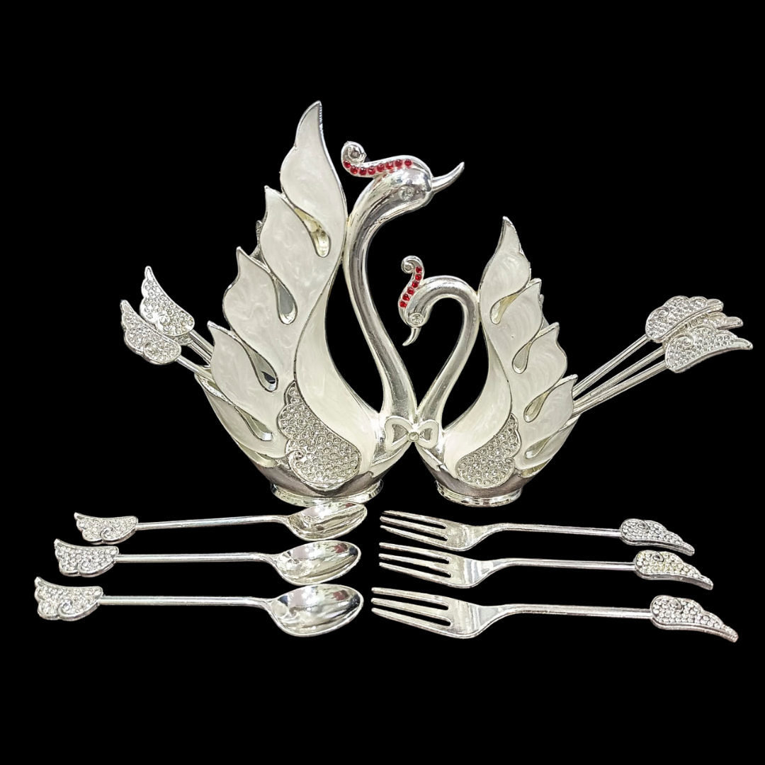 Silver Plated Swan Cutlery Holder Set with 6 Spoons & 6 Forks | Elegant Tableware & Serving Set | 16 cm Decorative Cutlery Stan