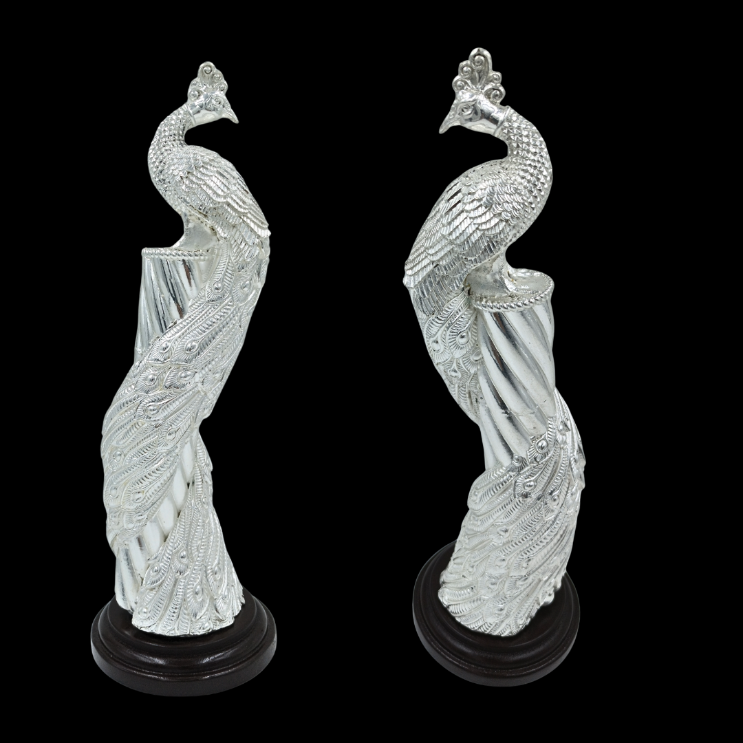 Non-Oxidized 999 Pure Silver Plated Peacock Showpieces Pair of 2 | Decorative Peacock Statue Set | Luxury Home Décor & Gift