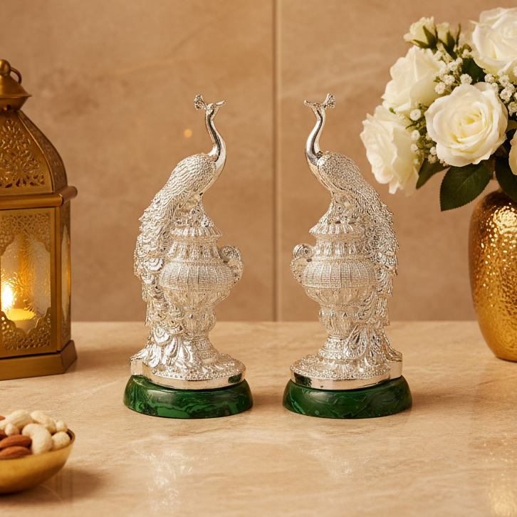 Non-Oxidized 999 Pure Silver Plated Peacock Showpieces Pair of 2 Malchit Base | Decorative Peacock Statue Set