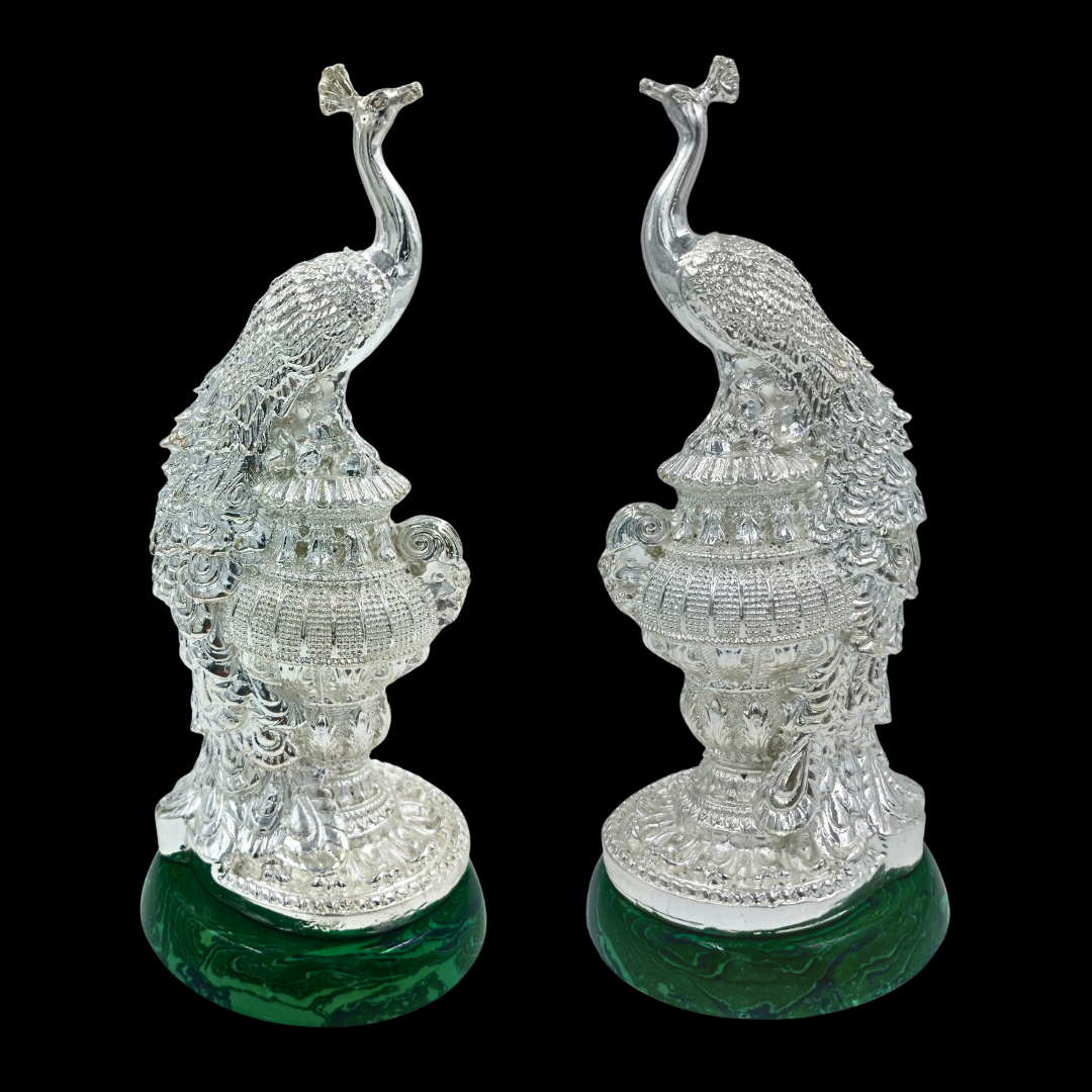 Non-Oxidized 999 Pure Silver Plated Peacock Showpieces Pair of 2 Malchit Base | Decorative Peacock Statue Set