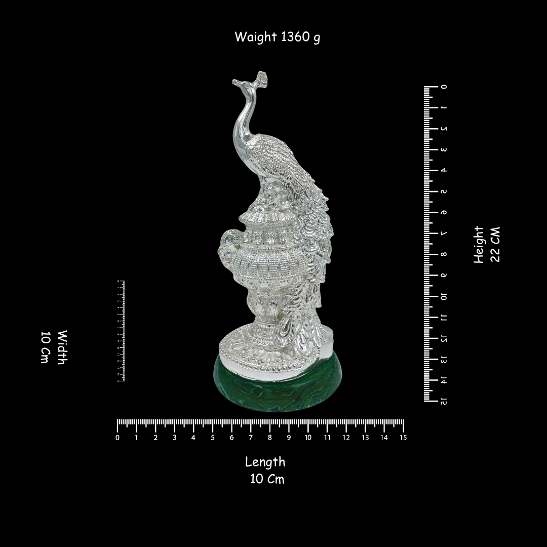 Non-Oxidized 999 Pure Silver Plated Peacock Showpieces Pair of 2 Malchit Base | Decorative Peacock Statue Set