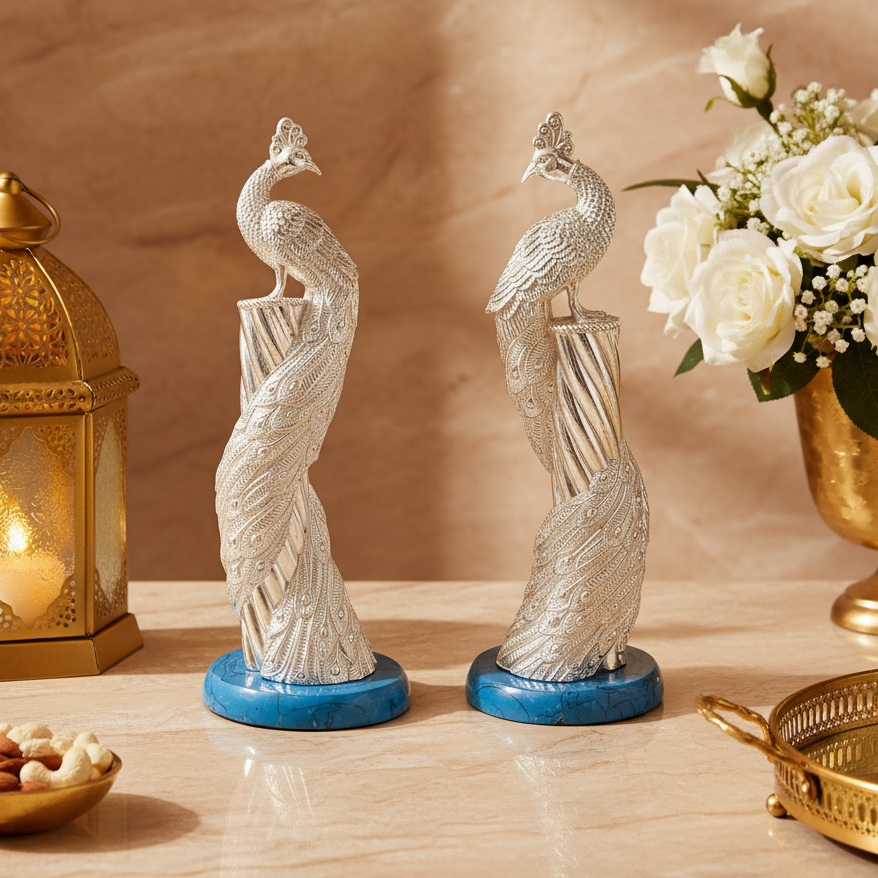 Non-Oxidized 999 Pure Silver Plated Peacock Showpieces Pair of 2 Blue Stone Base  | Decorative Peacock Statue Set