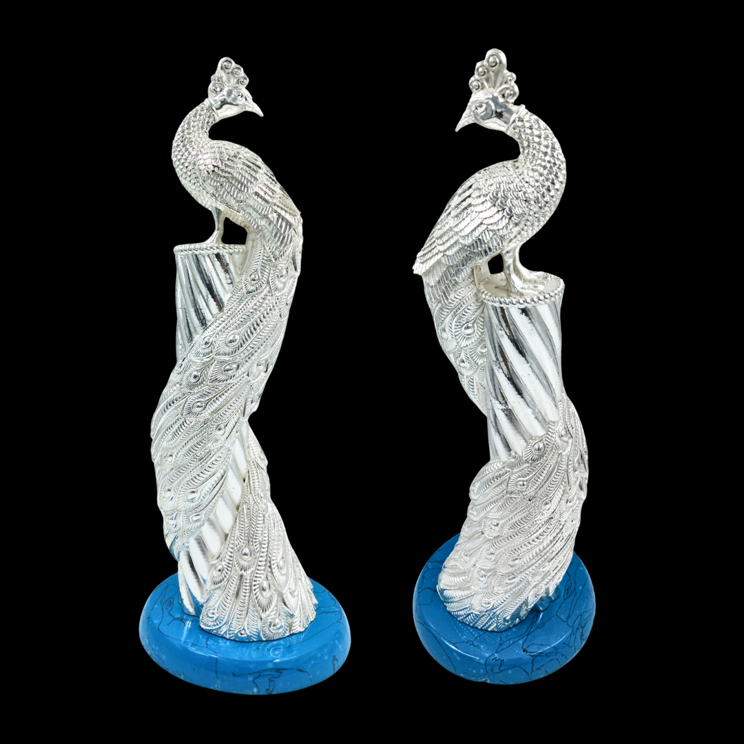 Non-Oxidized 999 Pure Silver Plated Peacock Showpieces Pair of 2 Blue Stone Base  | Decorative Peacock Statue Set