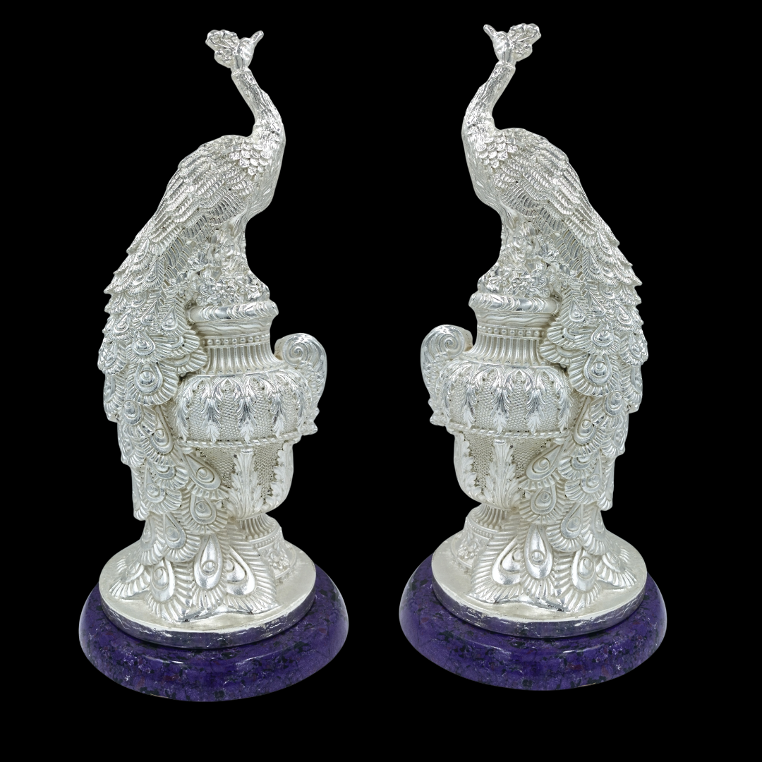Non-Oxidized 999 Pure Silver Plated Peacock Showpieces Pair of 2 Purple Stone Base | Decorative Peacock Statue Set Of 2