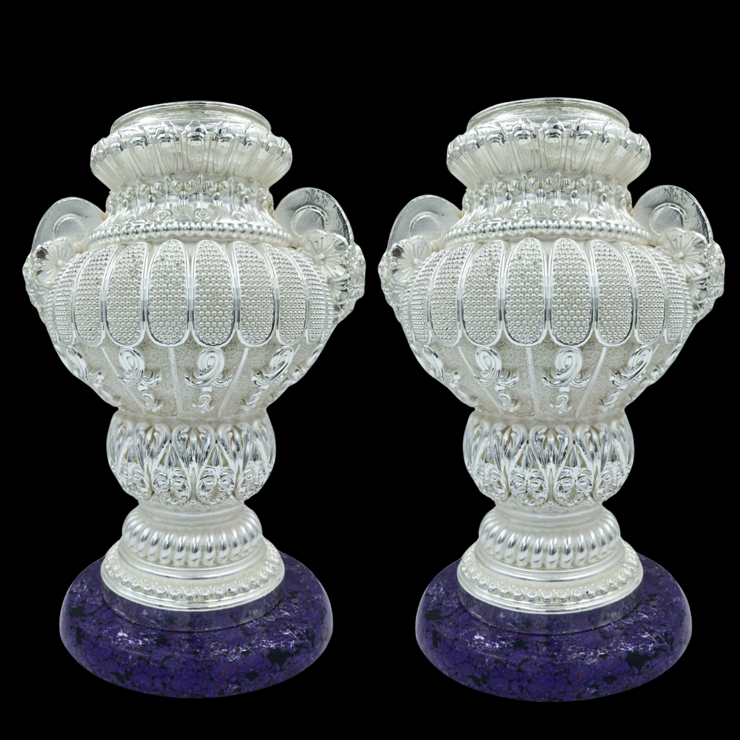 Non-Oxidized 999 Pure Fine Silver Plated  Flower Pot Pair of 2 Purple Stone Base