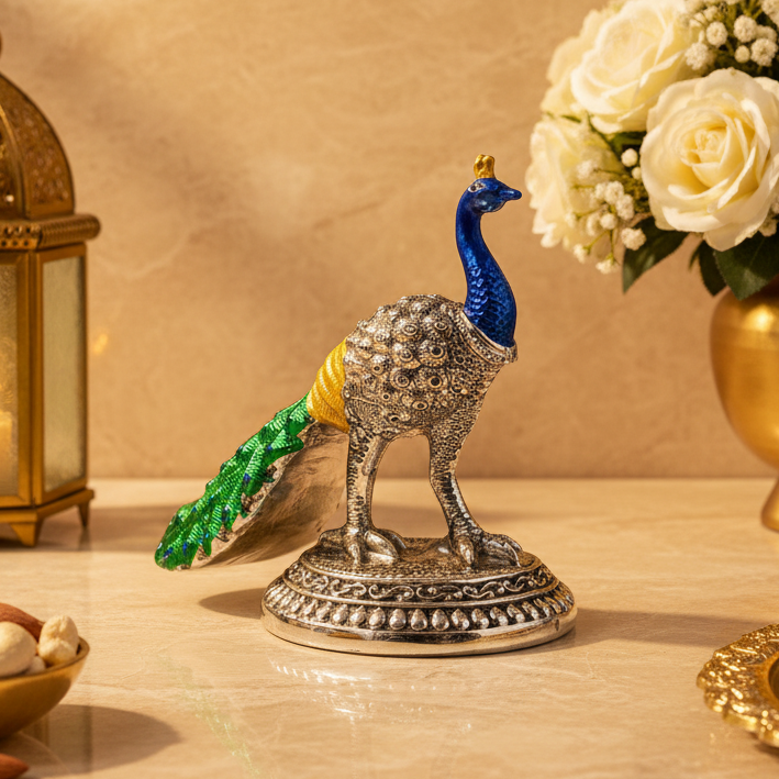 999 Fine Silver Plated Colorful Peacock Figurine | Decorative Peacock Statue | Luxury Home Decor & Gift