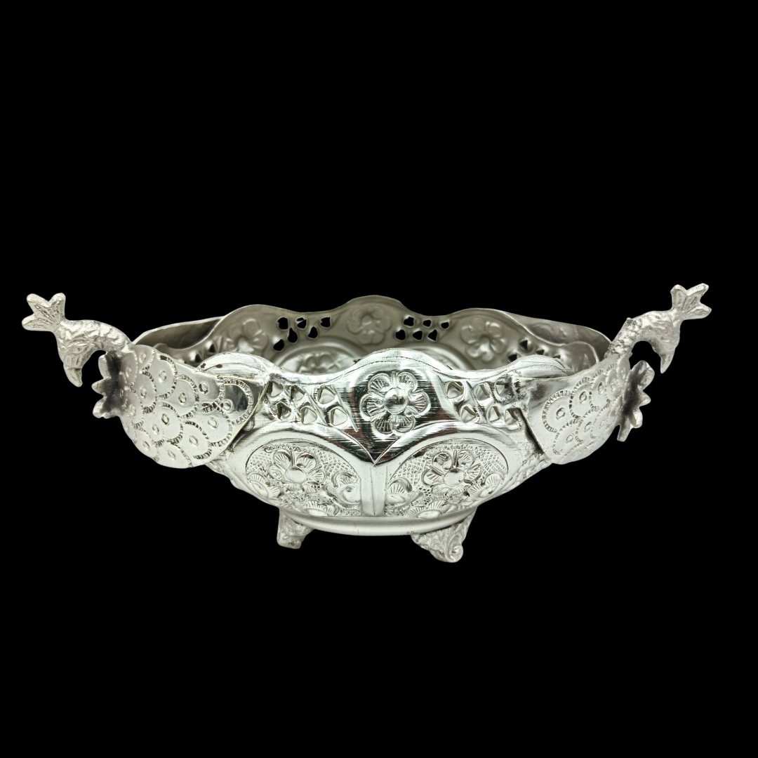 Silver Plated Peacock Boat Shape Bowl | Traditional Indian Floral Urli | Ornate Home Decor Bowl | Luxury Table Centerpiece | Gift