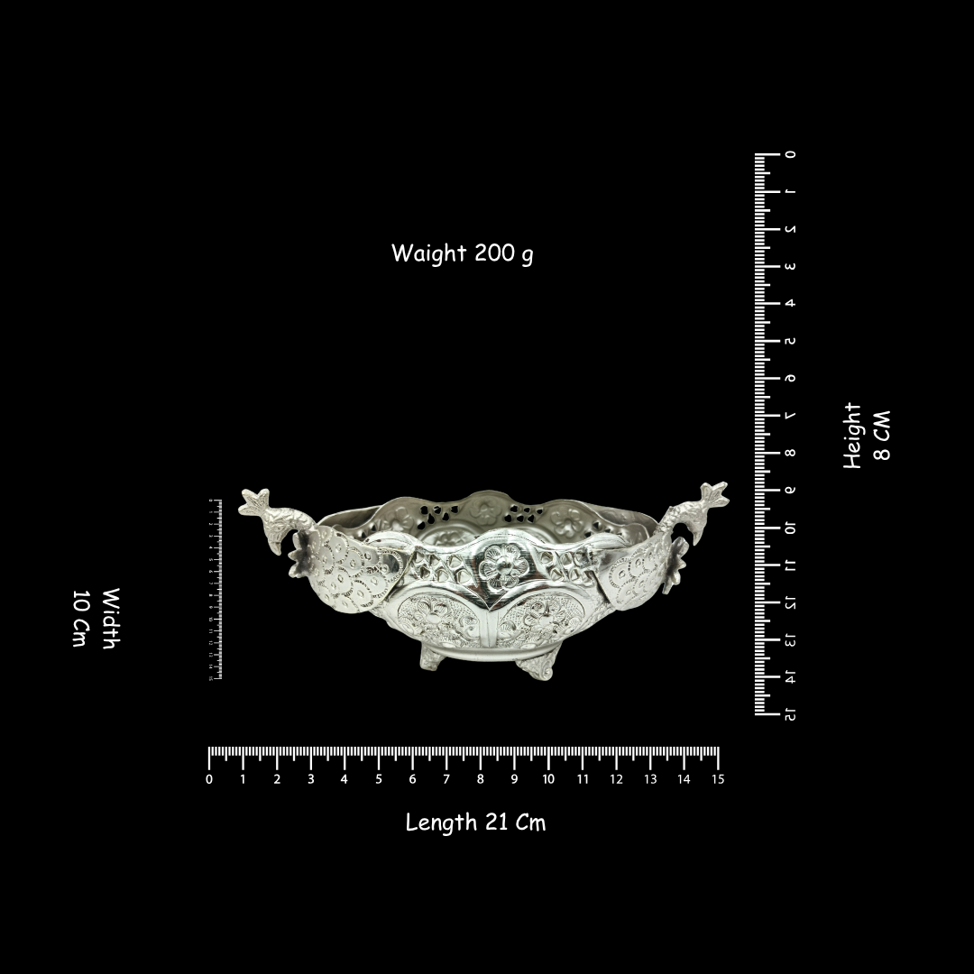 Silver Plated Peacock Boat Shape Bowl | Traditional Indian Floral Urli | Ornate Home Decor Bowl | Luxury Table Centerpiece | Gift
