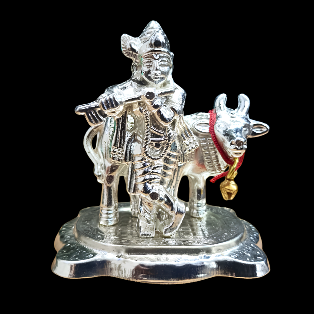 Krishna with Cow Idol | Decorative Hindu God Statue | 8 cm Krishna Cow Figurine | Pooja Mandir Decor | Home Temple Decor | Spiritual Gift
