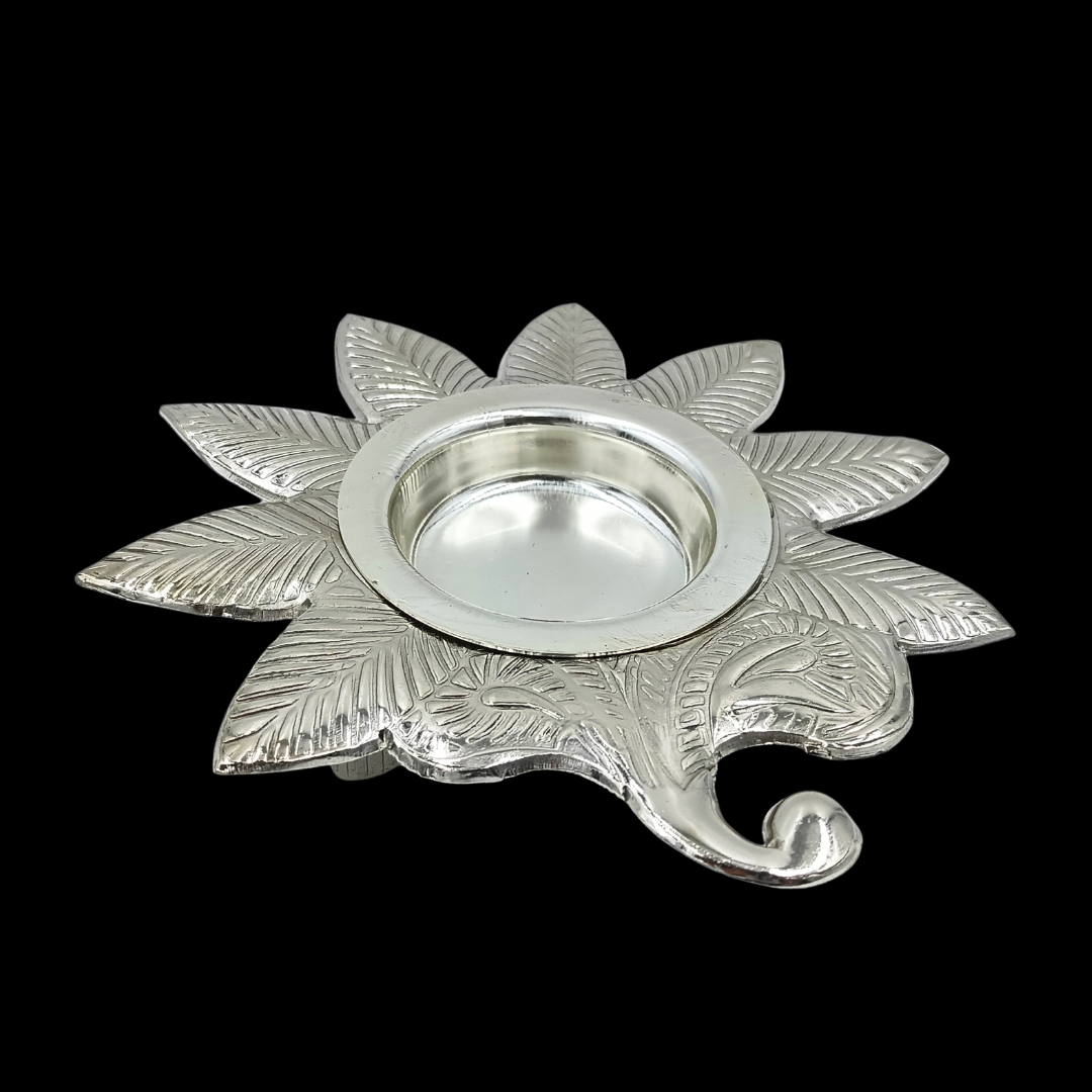 Silver Leaf Diya Candle Holder | Decorative Metal Tealight Holder | Lotus Leaf Diya Stand | Pooja Mandir Decor | Home Decor | Festive Gift