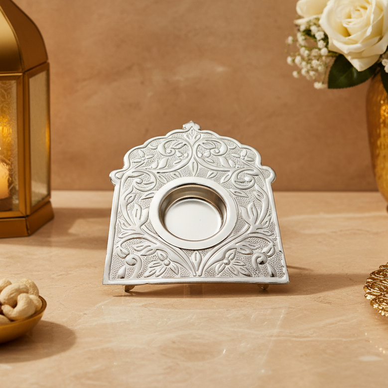 Silver Darbar Floral Diya Candle Holder | Decorative Metal Tealight Holder Pooja Mandir Decor | Home Decor | Festive Gift