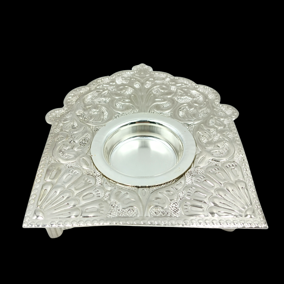 Silver Darbar Floral Diya Candle Holder | Decorative Metal Tealight Holder Pooja Mandir Decor | Home Decor | Festive Gift