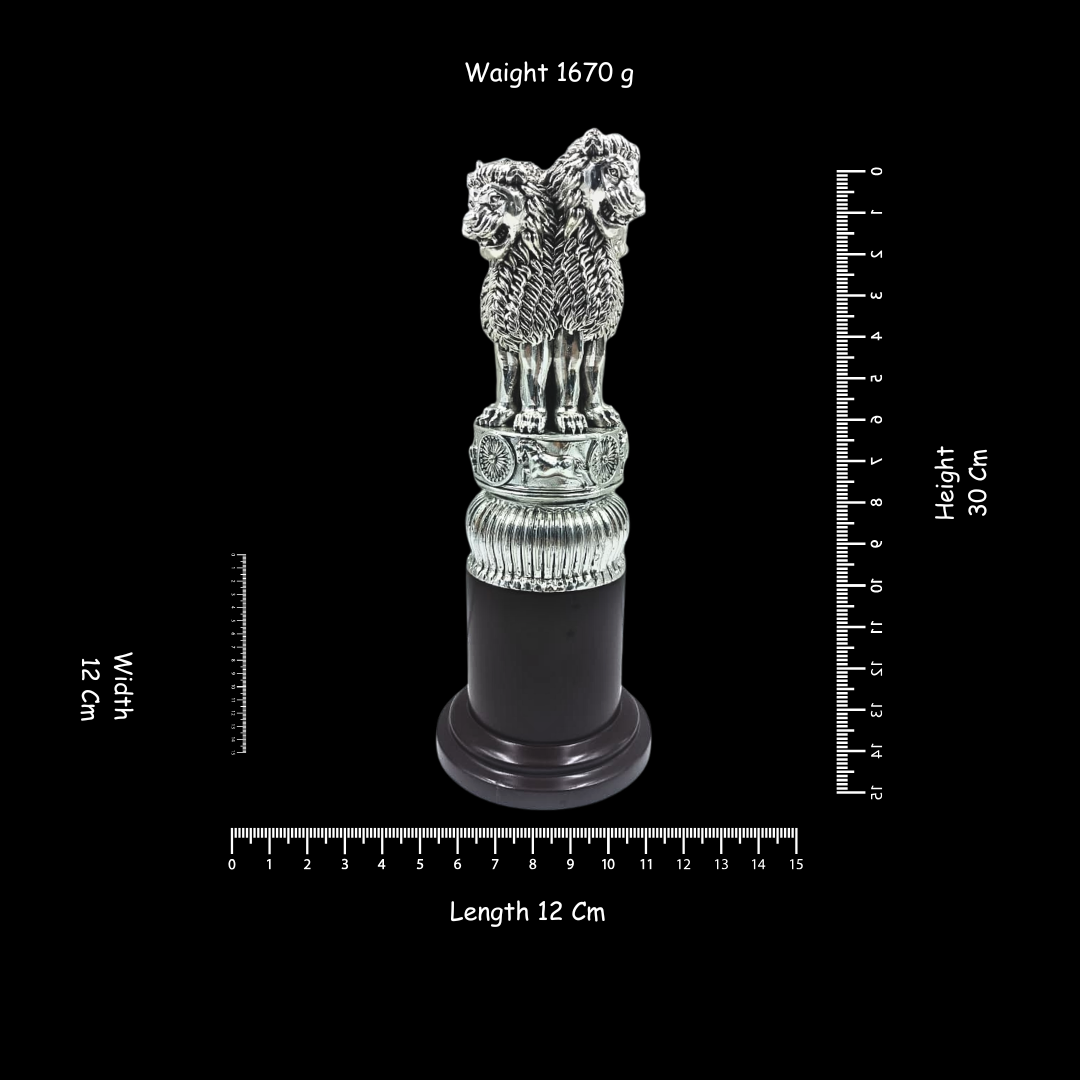 999 Fine Silver Plated Ashoka Lion Capital Statue – Indian National Emblem Showpiece, Luxury Office & Home Décor, 12 × 12 × 30 cm