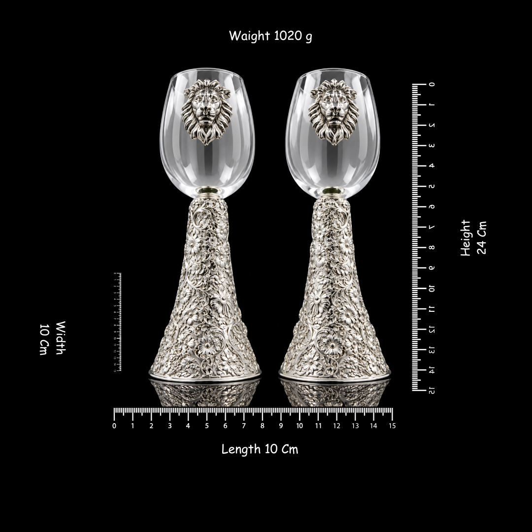 Luxury Silver Lion Wine Glass Set of 2, Ornate Floral Engraved Goblets, Royal Barware, Elegant Wedding Gift, Home Bar Decor