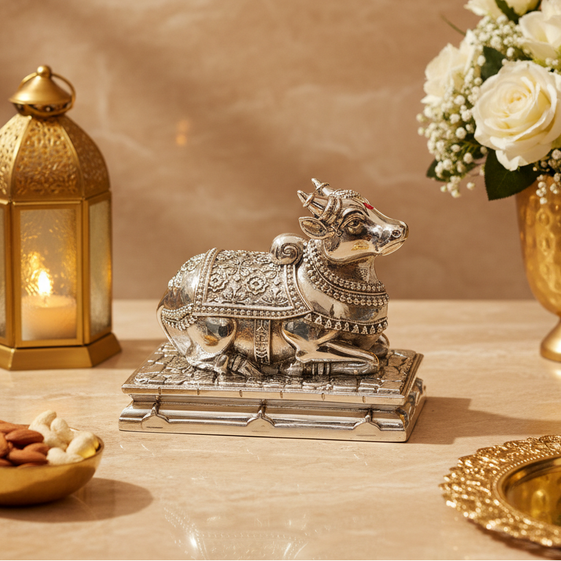 Nandi Bull Idol Statue 3 Inch, Silver Finish Nandi Murti, Lord Shiva’s Sacred Bull, Hindu Temple Decor, Pooja Room Decor, Home Gift