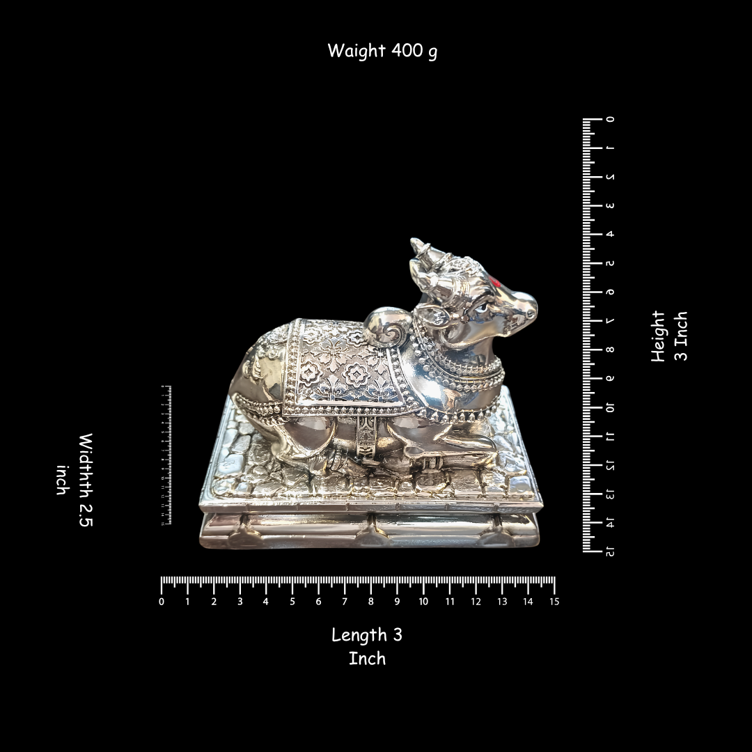 Nandi Bull Idol Statue 3 Inch, Silver Finish Nandi Murti, Lord Shiva’s Sacred Bull, Hindu Temple Decor, Pooja Room Decor, Home Gift