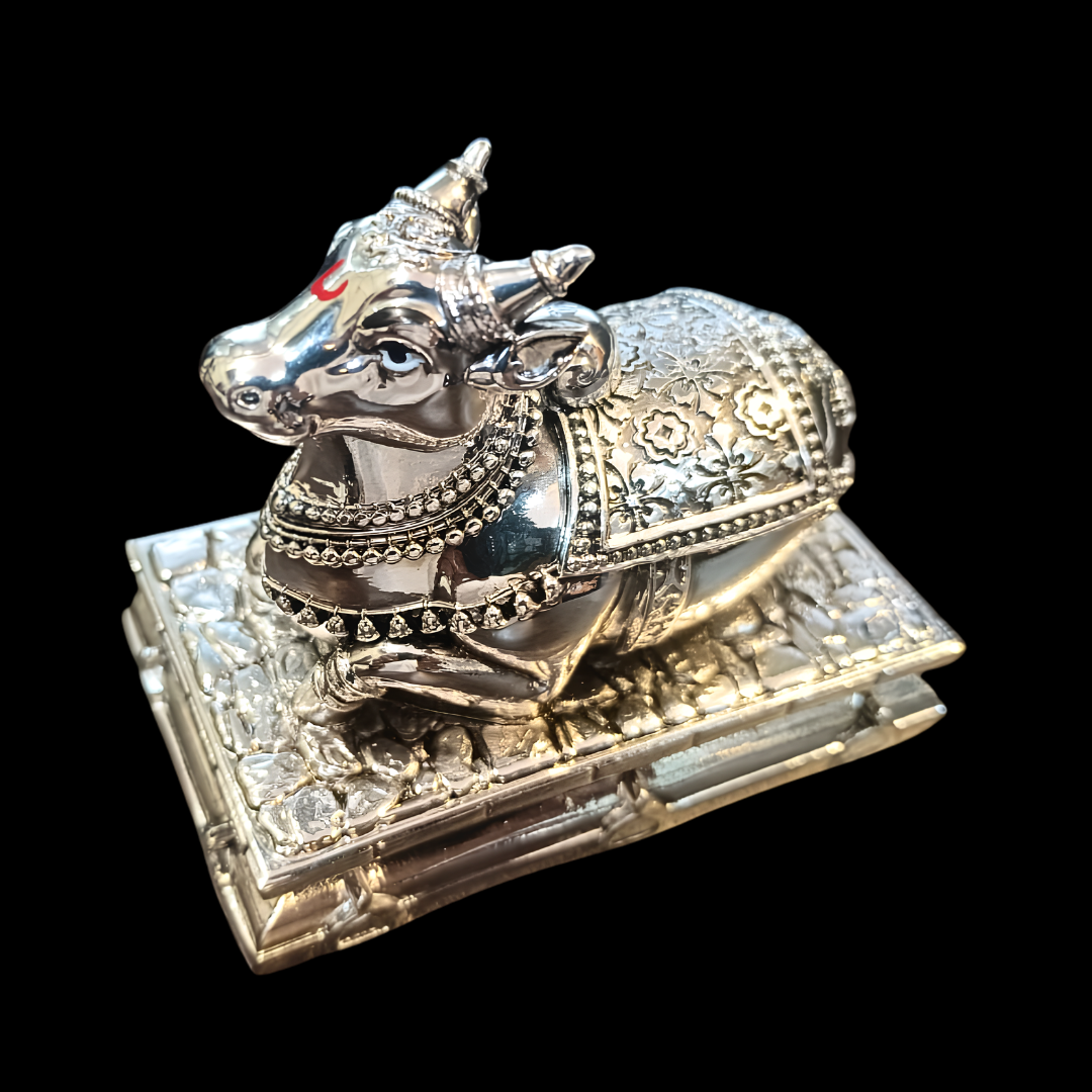 Nandi Bull Idol Statue 3 Inch, Silver Finish Nandi Murti, Lord Shiva’s Sacred Bull, Hindu Temple Decor, Pooja Room Decor, Home Gift