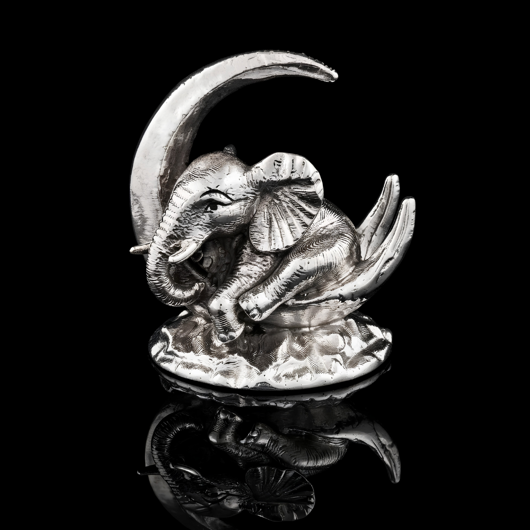 Silver-plated Gajraj Baby on Moon Figurine | Baby Elephant Decor | Lucky Animal Statue | Home Decor Accent | 4x5 Inch Collectible Gift