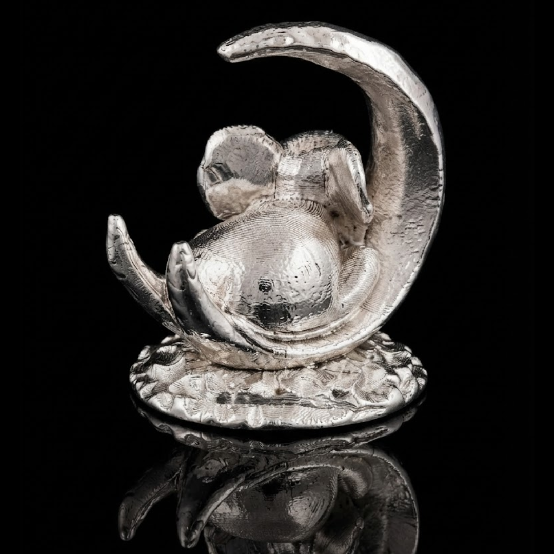 Silver-plated Gajraj Baby on Moon Figurine | Baby Elephant Decor | Lucky Animal Statue | Home Decor Accent | 4x5 Inch Collectible Gift