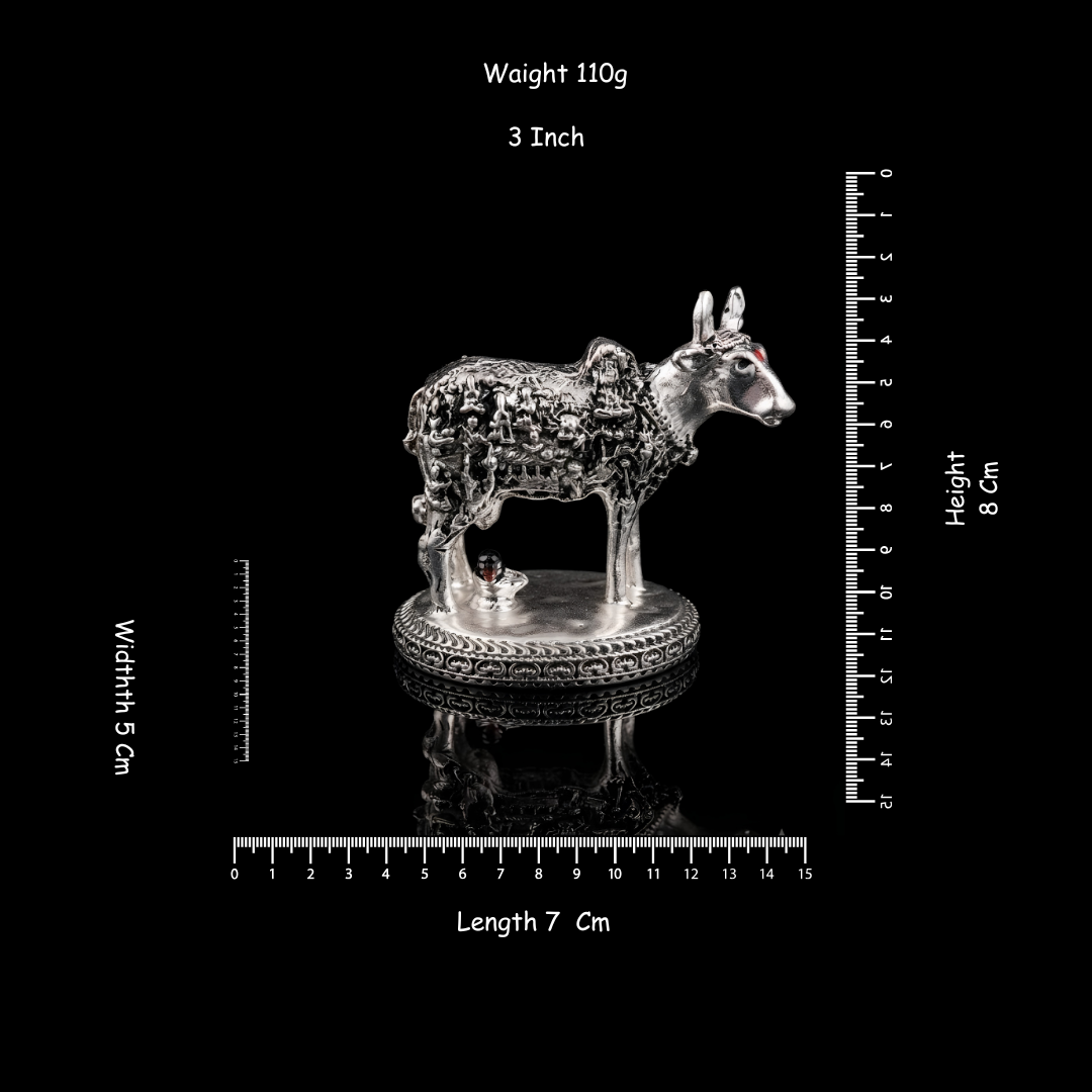 33 Koti Kamdhenu Cow with Shivling Idol Silver Plated 3 Inch Collectible
