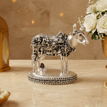 33 Koti Kamdhenu Cow with Shivling Idol Silver Plated 3 Inch Collectible