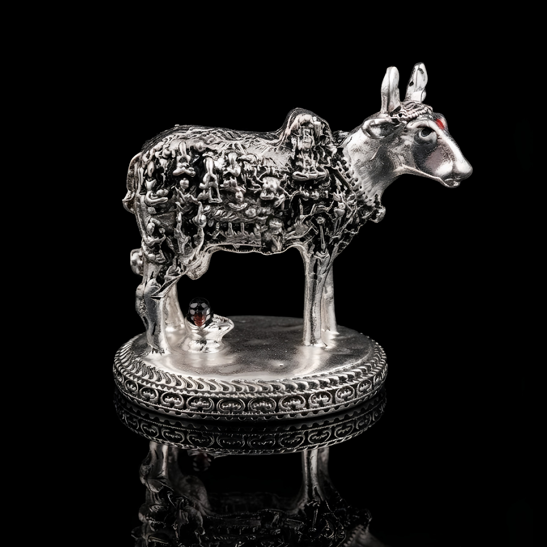33 Koti Kamdhenu Cow with Shivling Idol Silver Plated 3 Inch Collectible