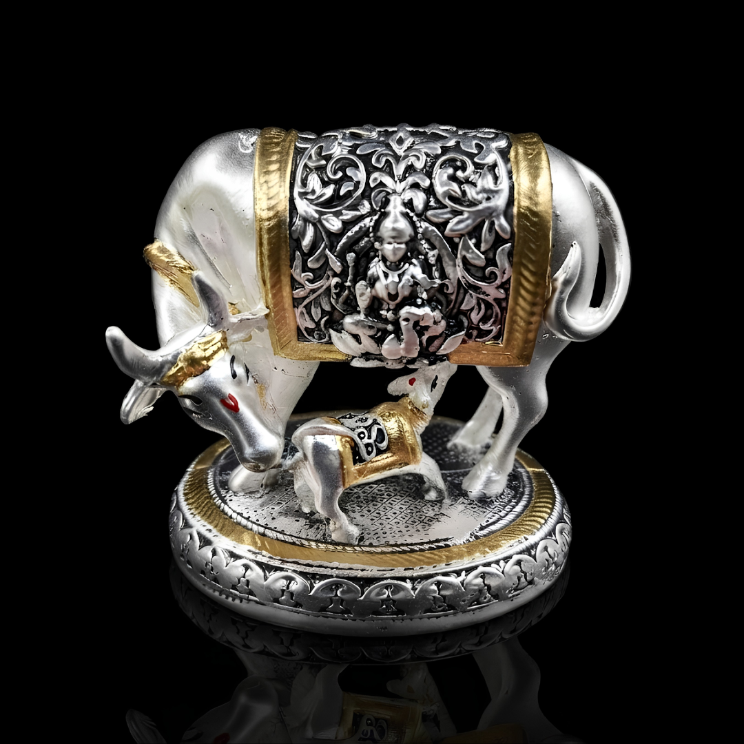 Silver and Gold Glossy Kamdhenu Cow with Calf Figurine | Divine Cow Idol for Home Temple | Lucky Vastu Showpiece | 3 Inch Collectible