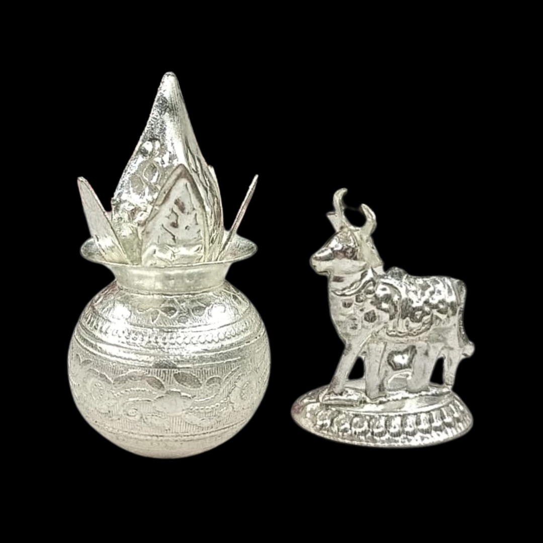Silver Plated Kalash & Nandi Idol Set with Velvet Box | 3 Inch Decorative Pooja Set | Hindu Religious Gift | Home Temple Decor | 150g