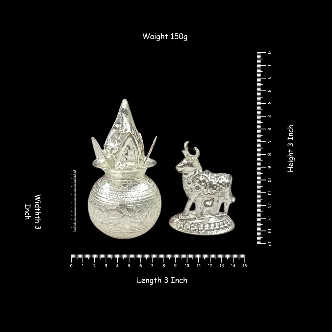 Silver Plated Kalash & Nandi Idol Set with Velvet Box | 3 Inch Decorative Pooja Set | Hindu Religious Gift | Home Temple Decor | 150g