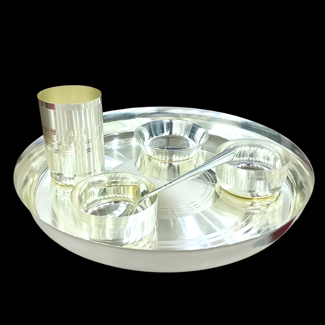 Silver Plated Laddu Gopal Dinner Set with 6 Pcs Bowls Katori, Glass & Spoon | Traditional Indian Puja Thali | Religious Gift | Home Temple Decor | 900g