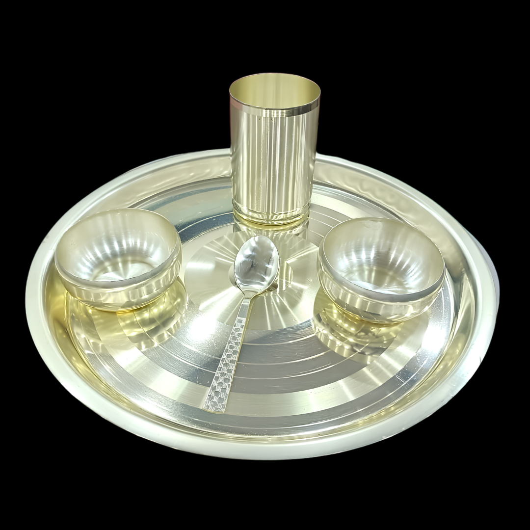 Silver Plated Laddu Gopal Dinner Set with 5 Pcs Bowls, Glass & Spoon | Traditional Indian Puja Thali | Religious Gift