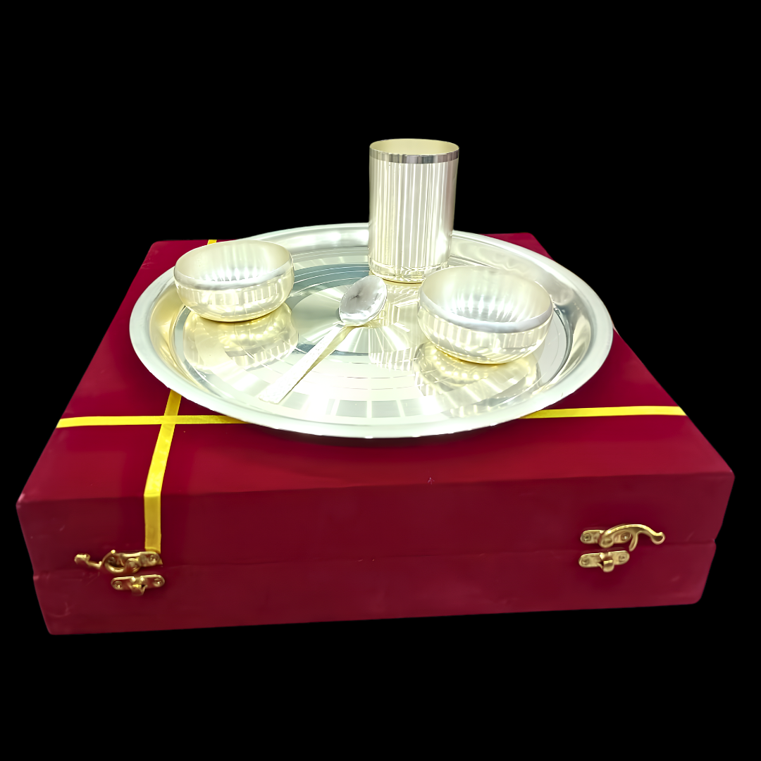 Silver Plated Laddu Gopal Dinner Set with 5 Pcs Bowls, Glass & Spoon | Traditional Indian Puja Thali | Religious Gift