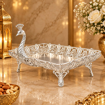 Exquisite Silver-Plated Peacock Luxury Design Basket / Hamper Tray (11" x 7" x 6", 600g)