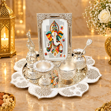 Silver Plated Pooja Thali Set with Decorative Tray & Accessories | 13 Inch Premium Religious Gift Set for Home Mandir, Festivals & Wedding Gifting