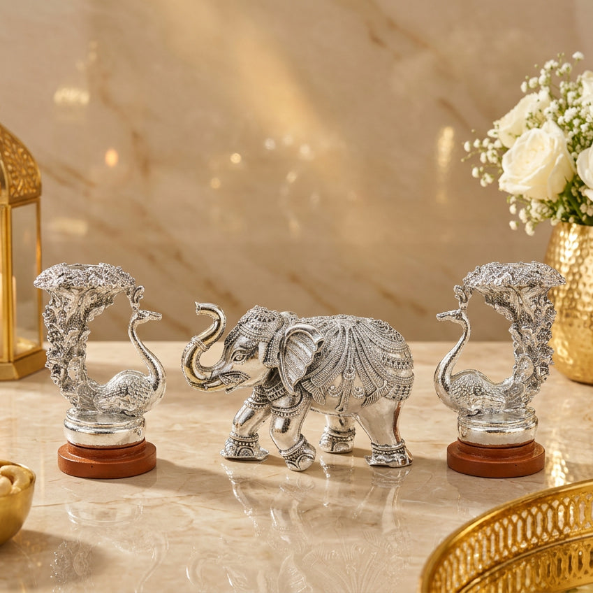 999 Silver Platted Elephant Peacock Candle Stand, 4 Inch Decorative Peacock Holder,
