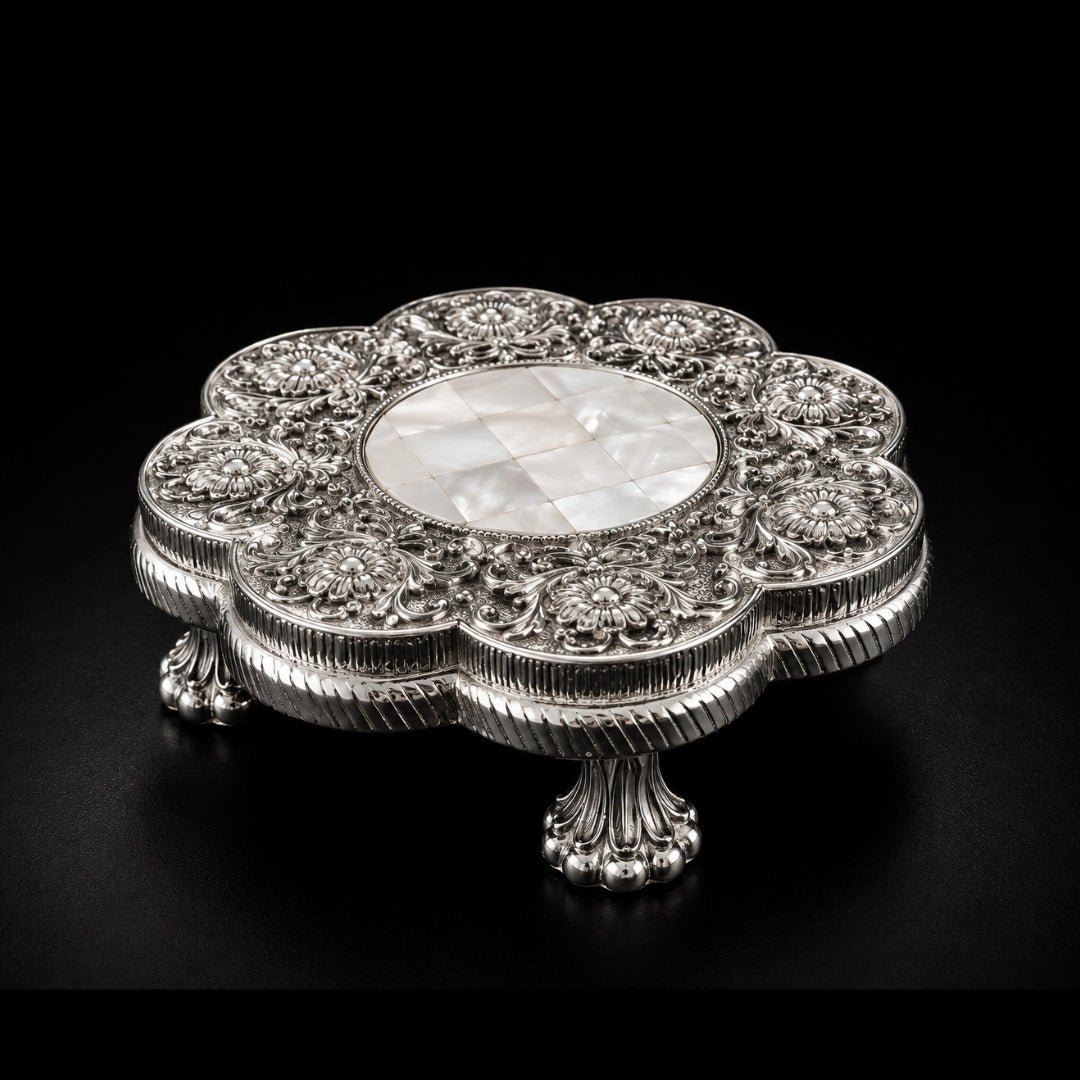 999 Silver Plated Luxury Decorative Floral Chowki | Premium Silver Finish Pooja Chowki | Elegant Home Decor & Gifting