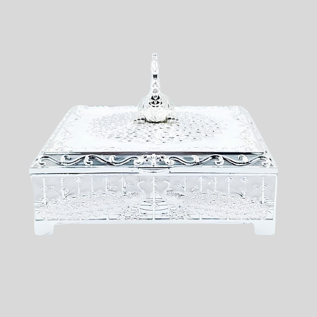 Luxury Peacock Jewelry Box with Lid | Silver Decorative Trinket Box | Squre Storage Box | Wedding Gift | Vanity Organizer | Home Decor Accent