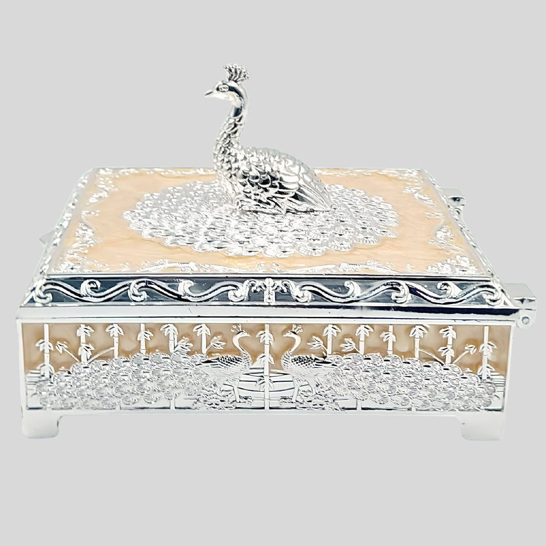 Luxury Peacock Jewelry Box with Lid | Silver Decorative Trinket Box | Squre Storage Box | Wedding Gift | Vanity Organizer | Home Decor Accent
