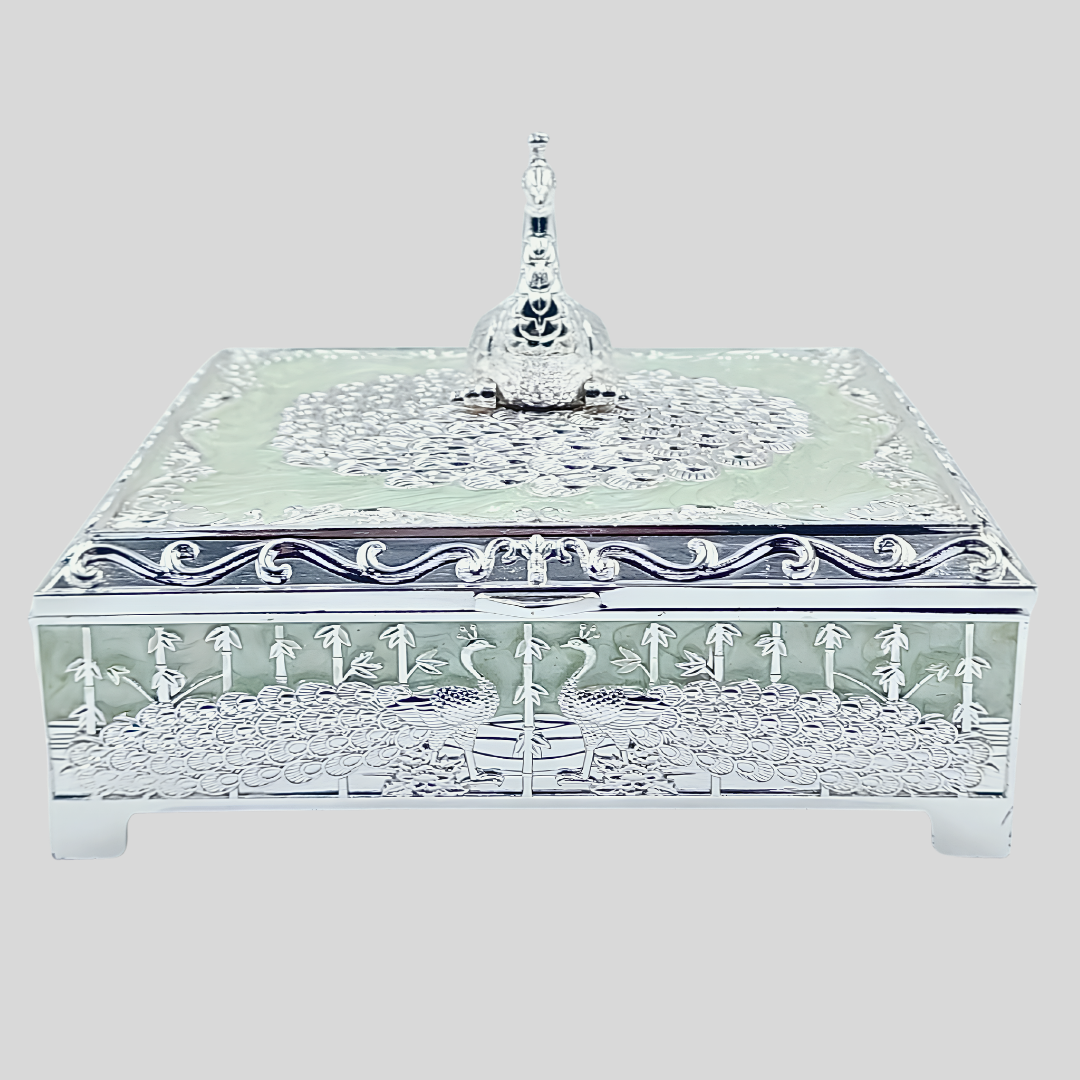 Luxury Peacock Jewelry Box with Lid | Silver Decorative Trinket Box | Squre Storage Box | Wedding Gift | Vanity Organizer | Home Decor Accent