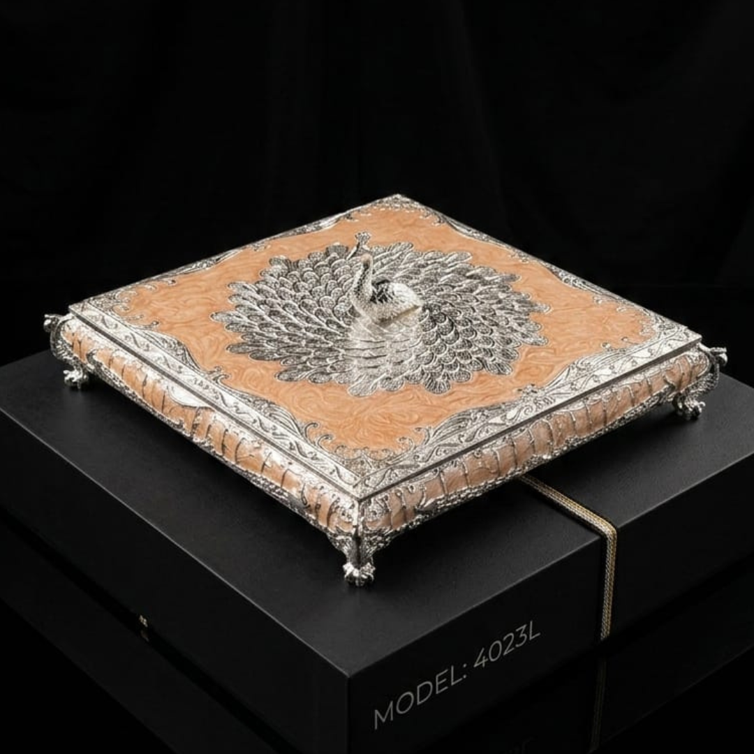 Silver Luxury Peacock Jewelry Box with Lid | Silver Decorative Trinket Box | Squre Storage Box | Wedding Gift | Vanity Organizer | Home Decor Accent