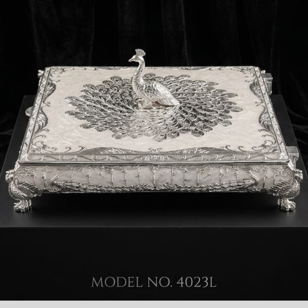 Silver Luxury Peacock Jewelry Box with Lid | Silver Decorative Trinket Box | Squre Storage Box | Wedding Gift | Vanity Organizer | Home Decor Accent